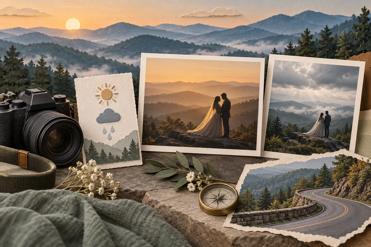 Asheville mountain wedding photo examples in sunny and cloudy light