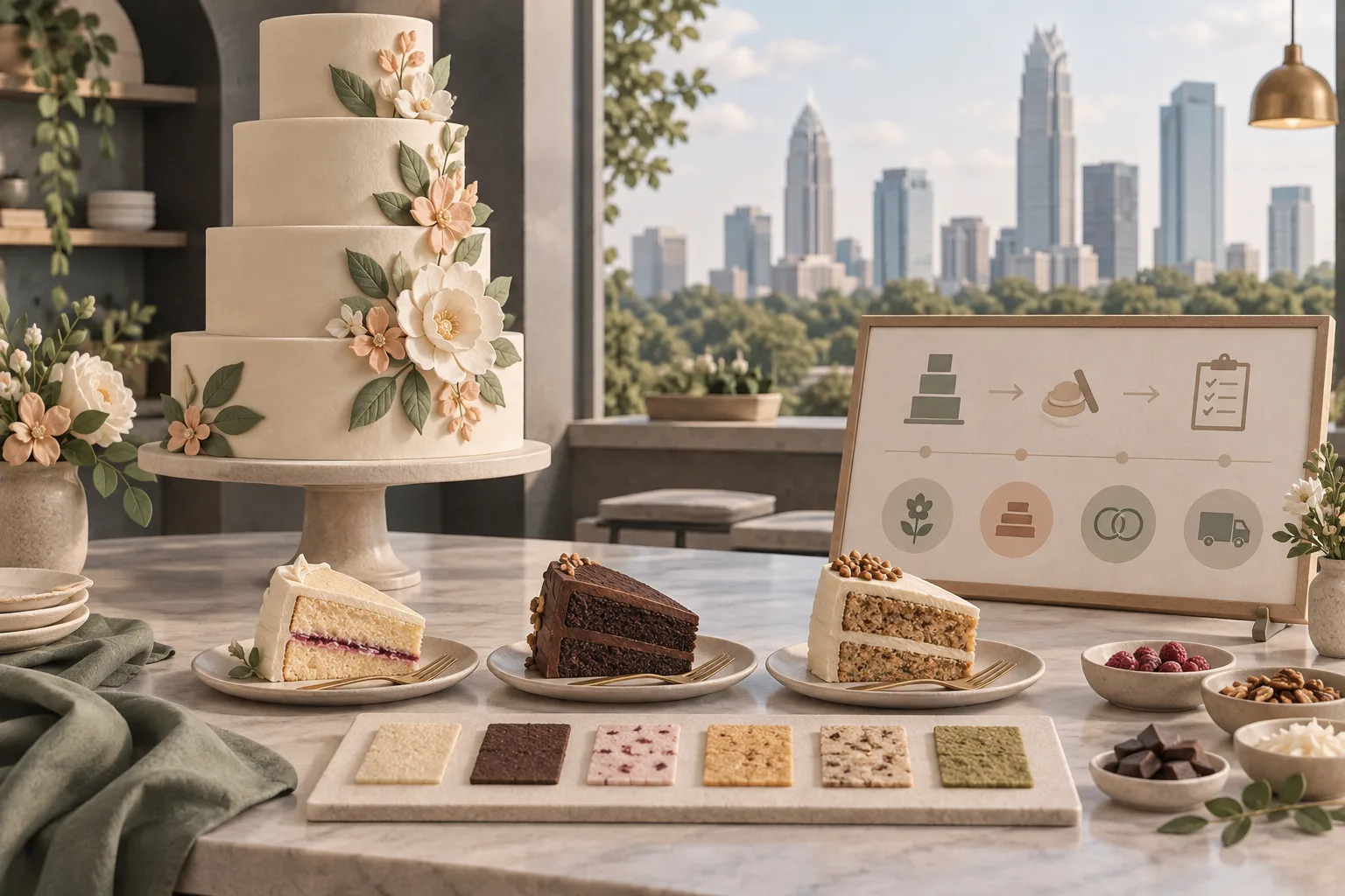 Cake tasting slices, tiered wedding cake and serving plan with Charlotte skyline