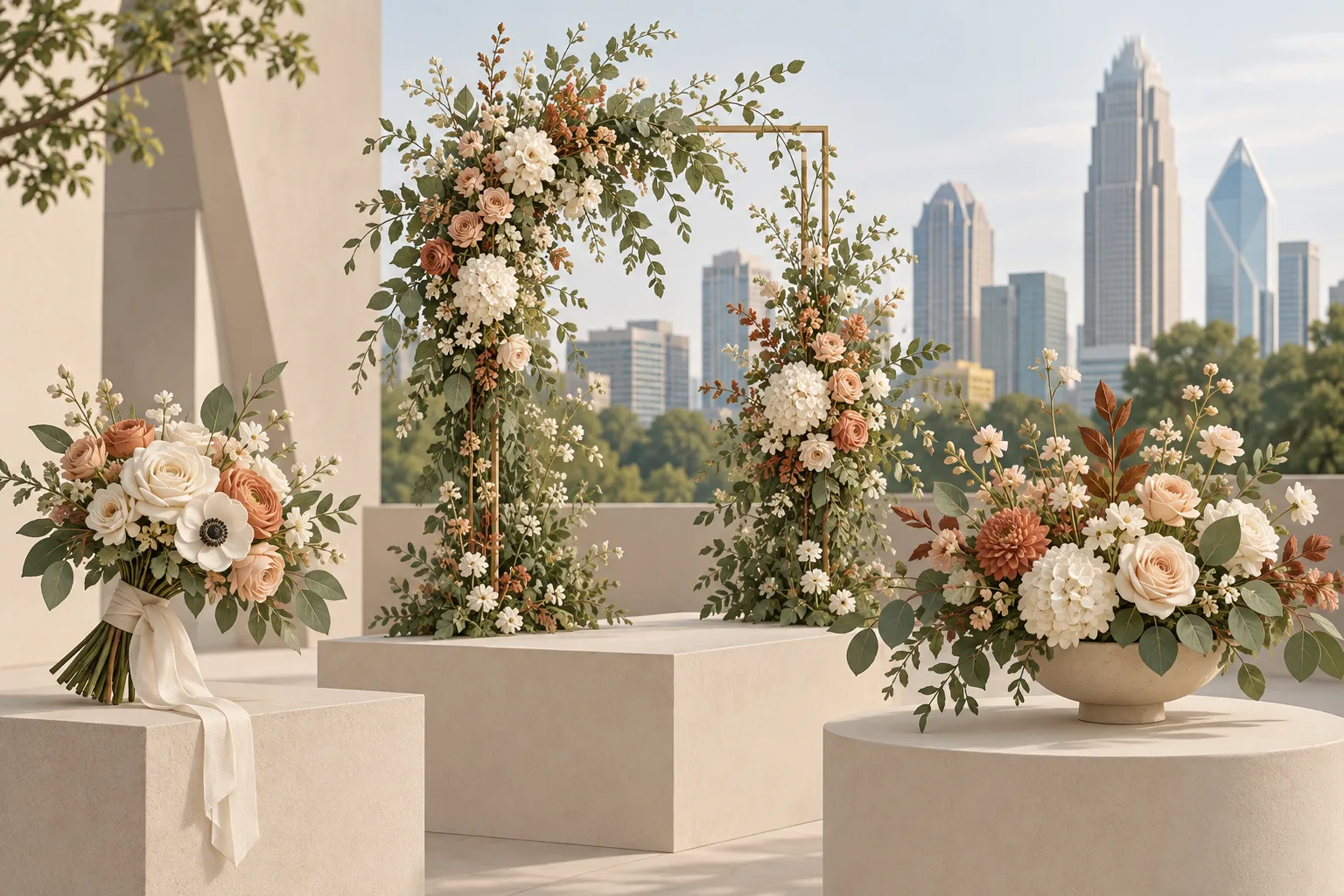 Bouquet, ceremony flowers and reception centerpiece against a Charlotte skyline