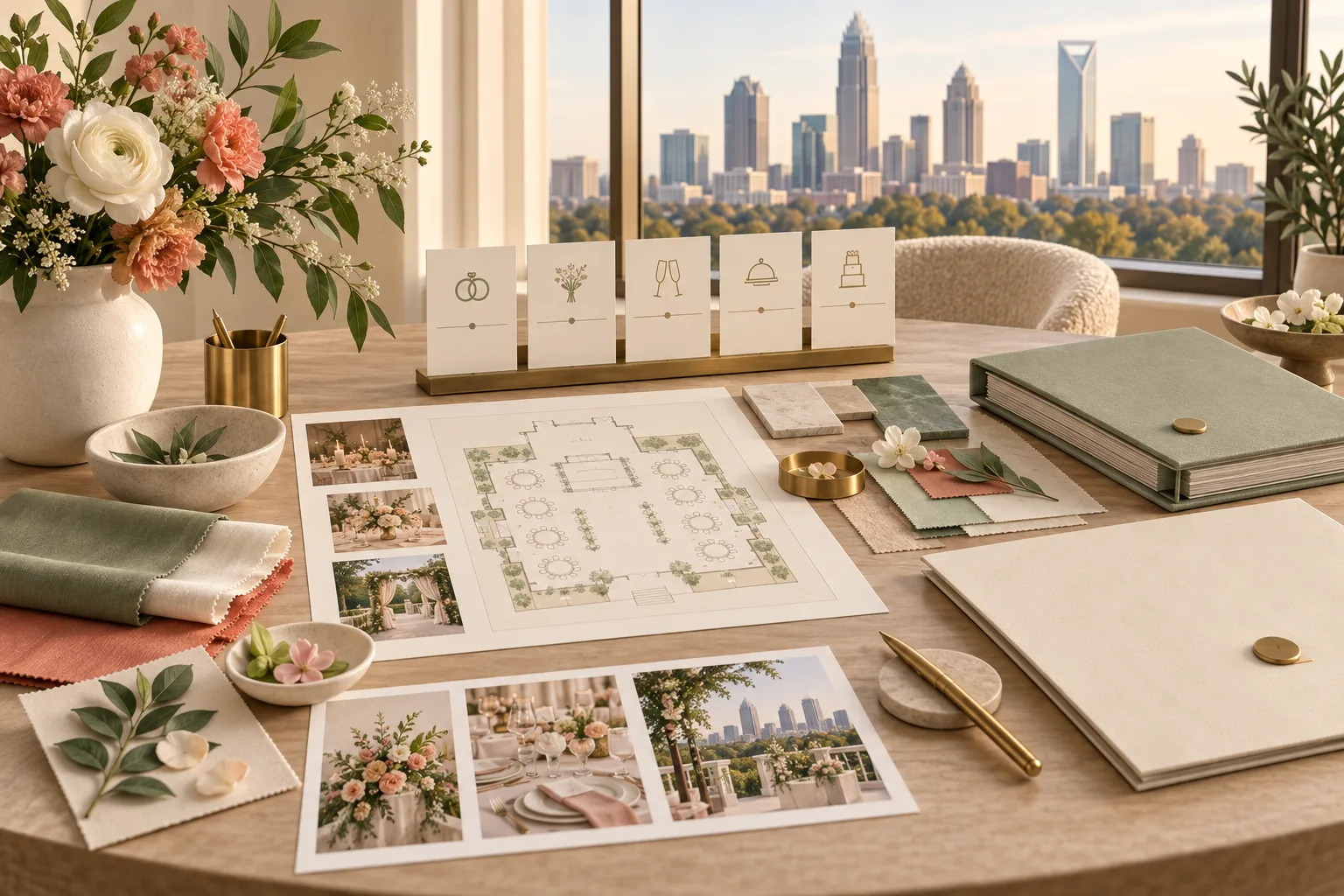 Charlotte wedding planning desk with floor plan, timeline cards and flowers