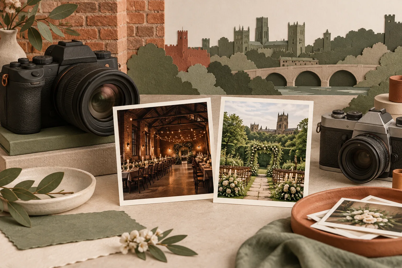Cameras and wedding photo prints showing indoor and garden light in Durham