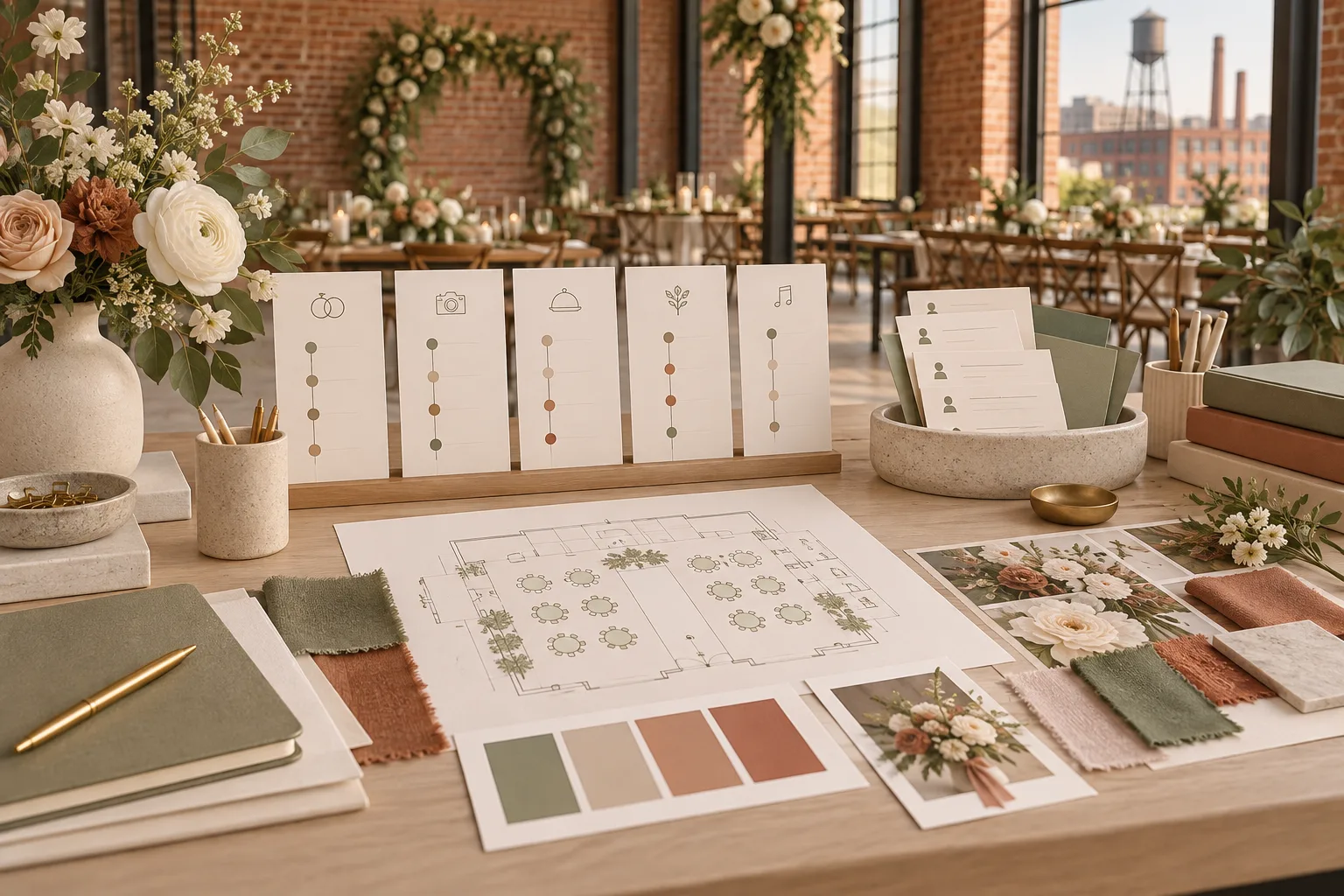 Wedding timeline and floor plan on a desk in a Durham industrial venue