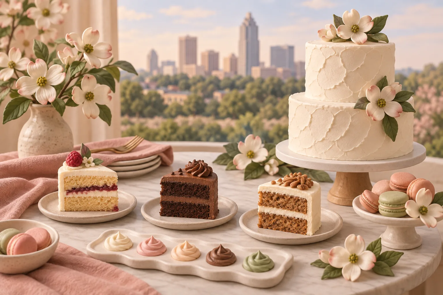 Clay-style cake tasting slices, two-tier wedding cake, macarons, and dogwood flowers