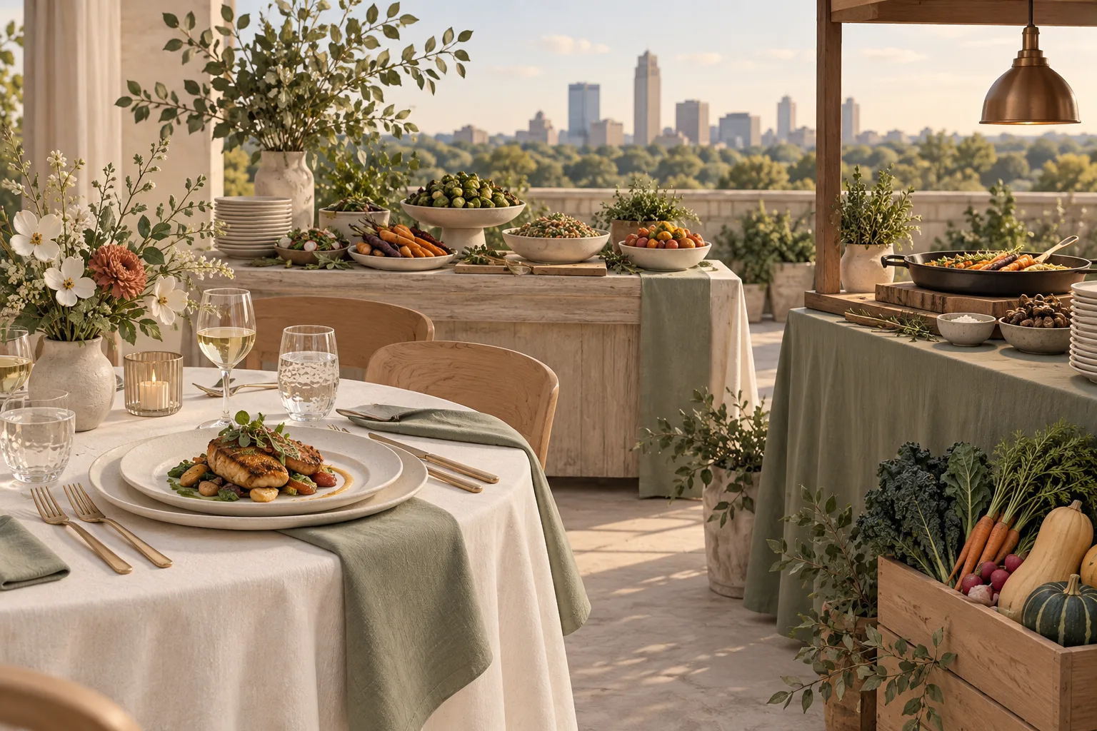 Plated wedding dinner and chef-attended food station overlooking Raleigh