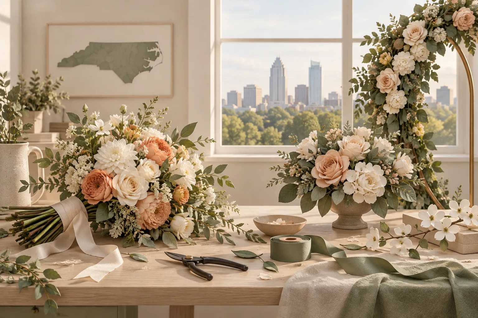 Fresh and faux wedding arrangements on a floral design table overlooking Raleigh