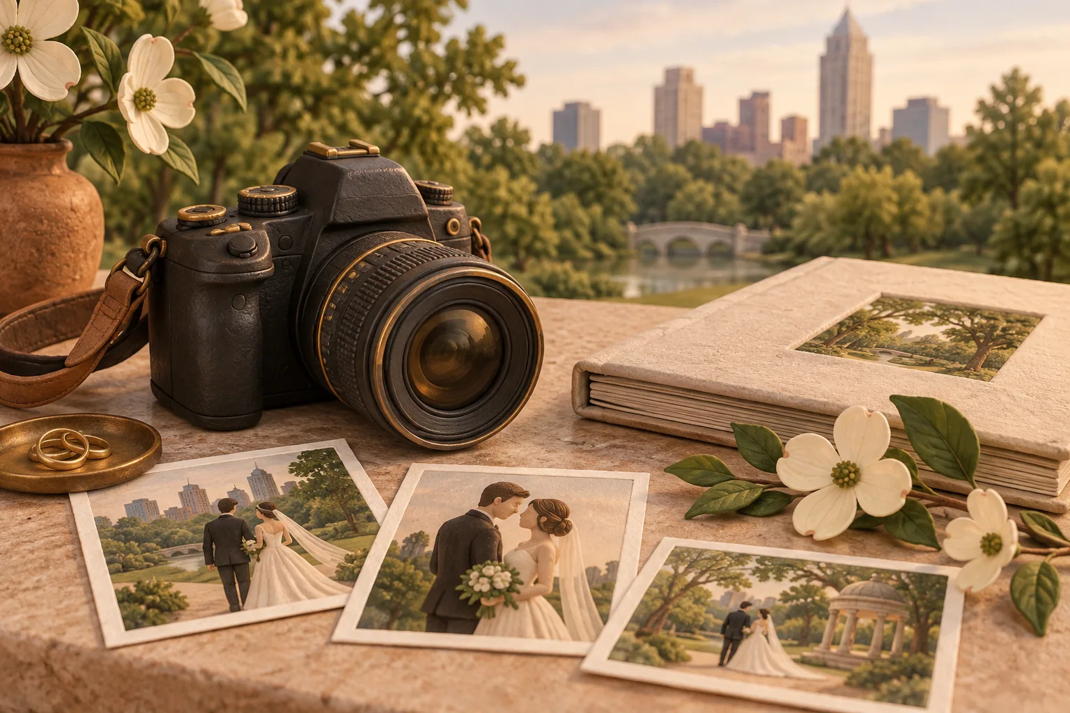 Clay-style professional camera, wedding album, and photo prints with Raleigh greenery