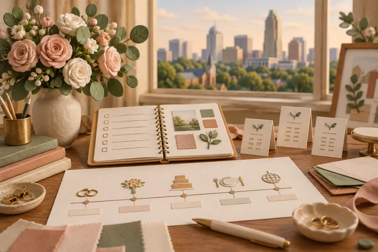 Clay-style wedding planning desk with timeline cards, flowers, and a Raleigh skyline