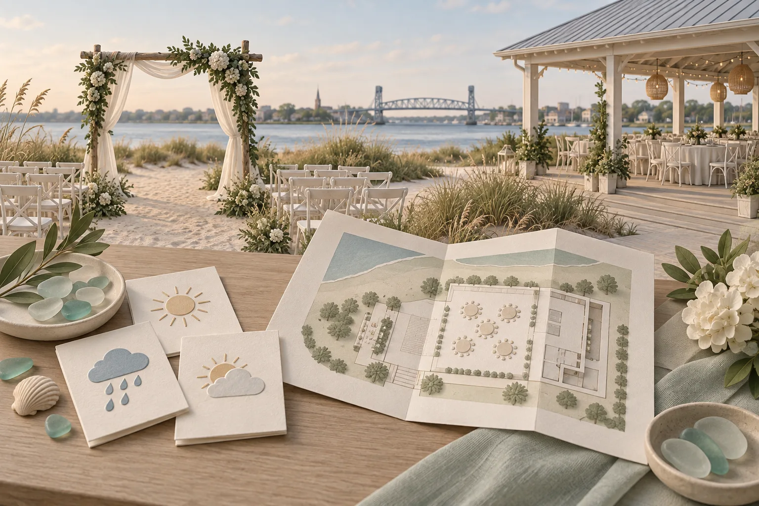 Coastal ceremony, covered reception and weather planning cards near Wilmington